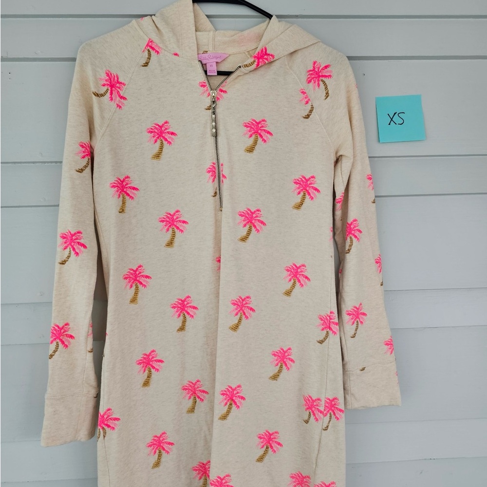 Lilly Pulitzer Beige Hoodie with Pink Palm Tree Design